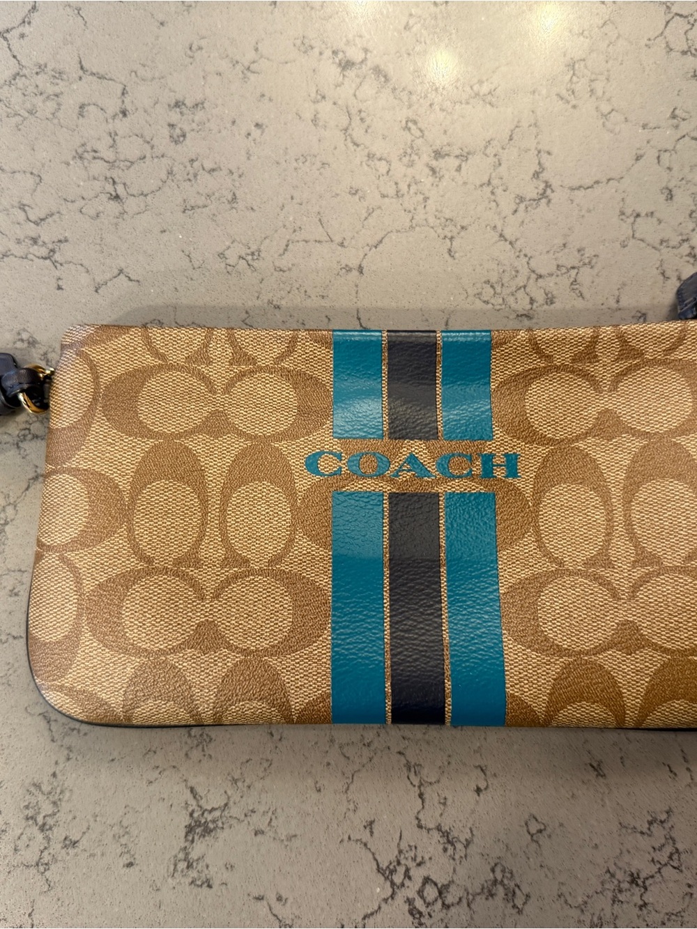 Coach Signature Canvas Wristlet with Blue and Navy Stripes